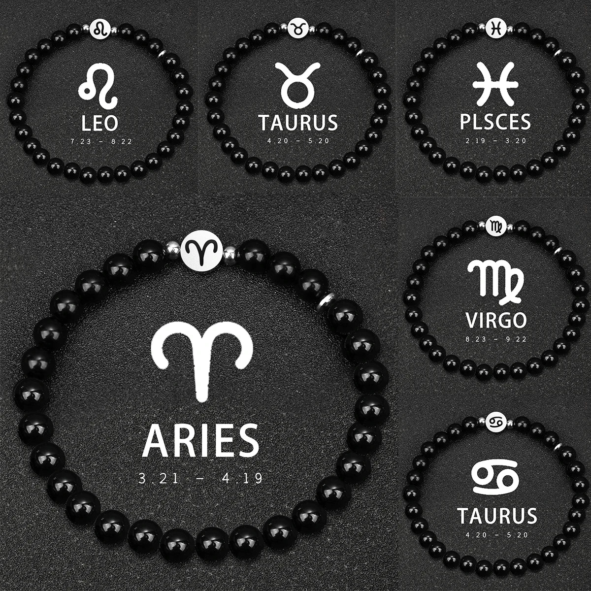 Armband mit 12 Sternzeichen, 6 mm, Naturstein, Obsidian, Edelstahl, Steinbock, Schütze, Herrenarmband, Damenarmband, Sieraden