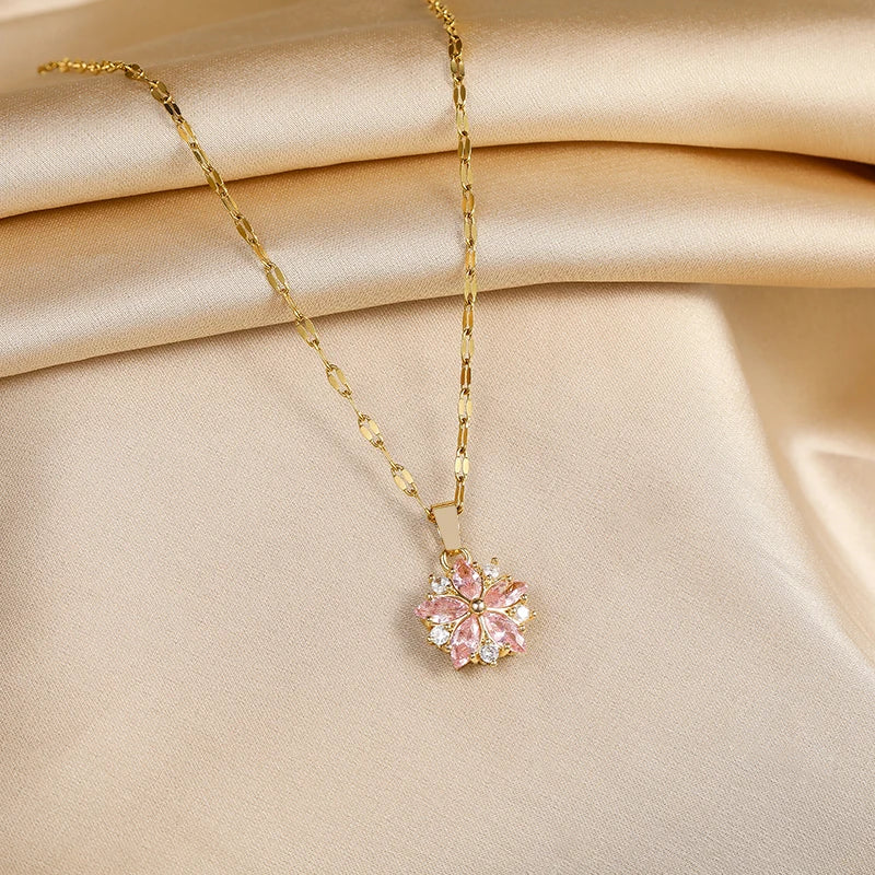 Neue Nette Romantische Rosa Sakura Anhänger Edelstahl Halsketten Für Frauen Koreanische Mode Weibliche Sexy Schlüsselbein Kette Schmuck Geschenk