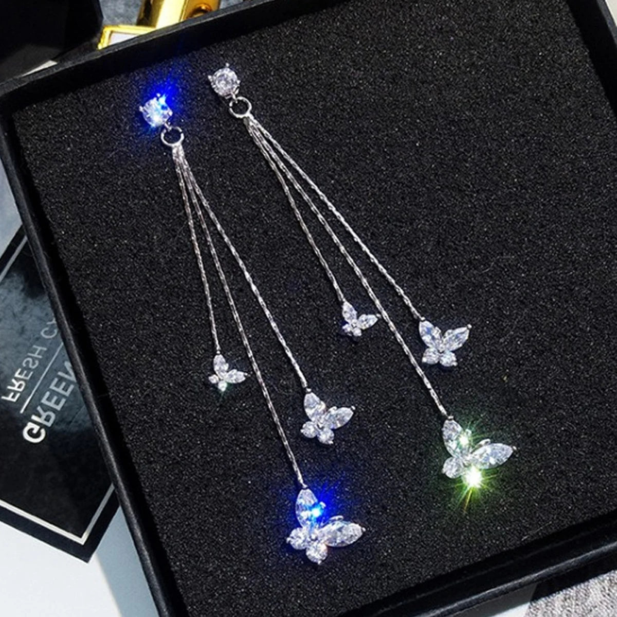 Neue Lange Kristall Quaste Schmetterling Baumeln Ohrringe für Frauen Hochzeit Tropfen Ohrring Modeschmuck Geschenke Charme Glänzende Ohrringe