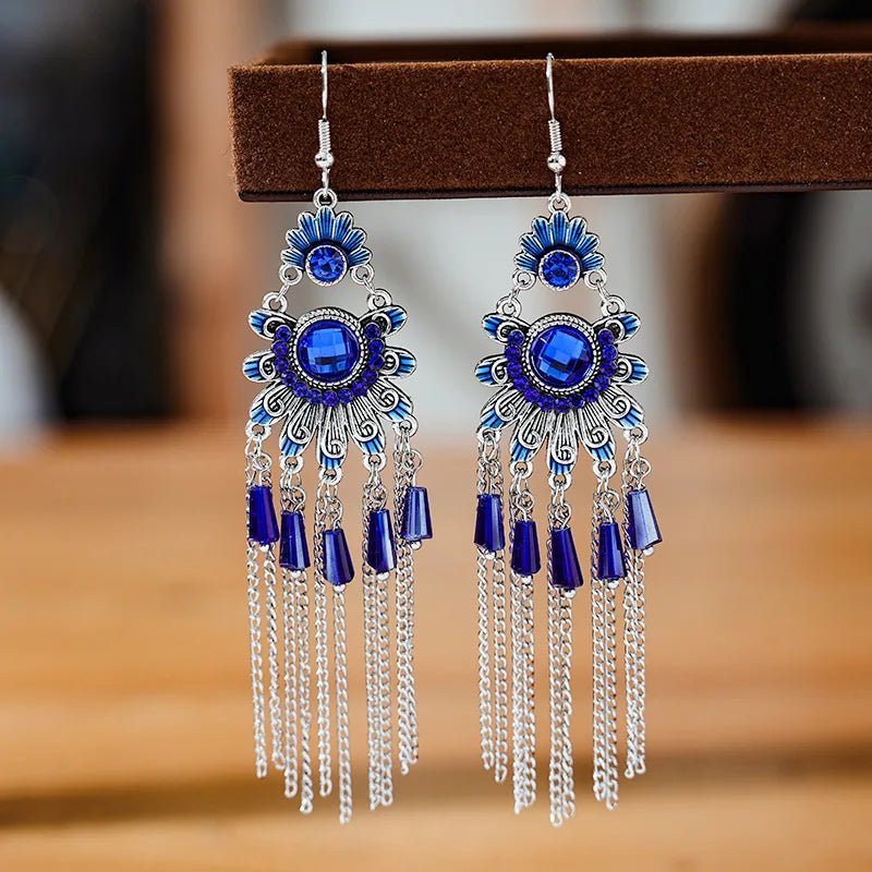 Vintage Ethnische Bunte Kristall Baumeln Ohrringe für Frauen Klassische Strand Kette Quaste Tropfen Ohrring Weibliche Pendiente Bijoux