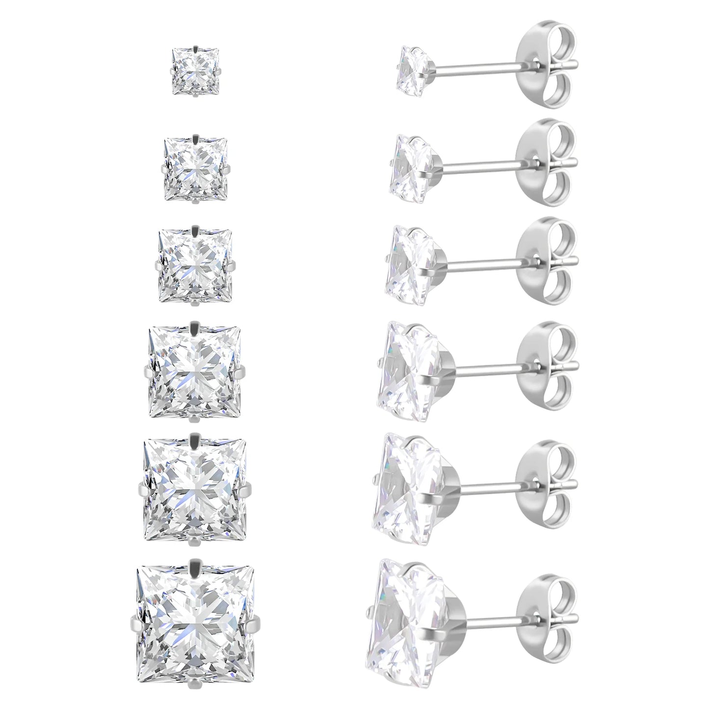 6-teiliges Ohrstecker-Set aus Edelstahl mit Schraubverschluss, vergoldet, Herz, Stern, quadratisch, Prinzessinnenschliff, rund, Zirkonia, CZ