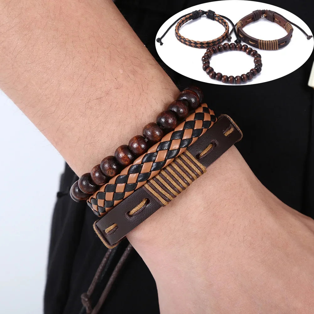 3-4 Stück Vintage Leder Armband Set für Männer Baum des Lebens Charme schwarz gewebte Seil Perlen Kette Wrap Armreif Frauen handgemachten Schmuck