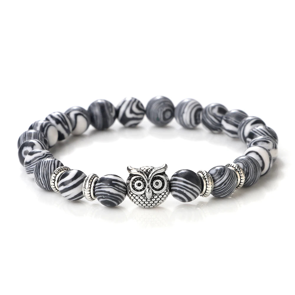 Natürliche Stein Perlen Eule Armbänder Malachit Rock Lava Armreifen Charme Strang Elastische Energie Yoga Buddha Schmuck Für Frauen Männer