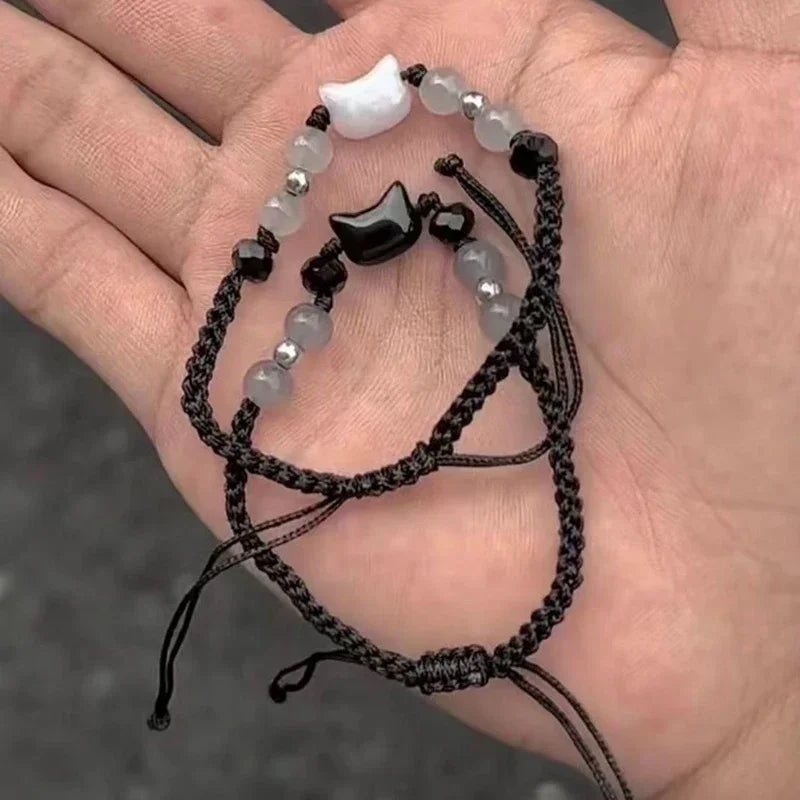 Süßes schwarz-weißes Kaninchen-Katzen-Armband, natürlicher Mondstein, Obsidian-Armbänder, Paar, minimalistisches Armband, handgefertigter Party-Schmuck, Geschenk
