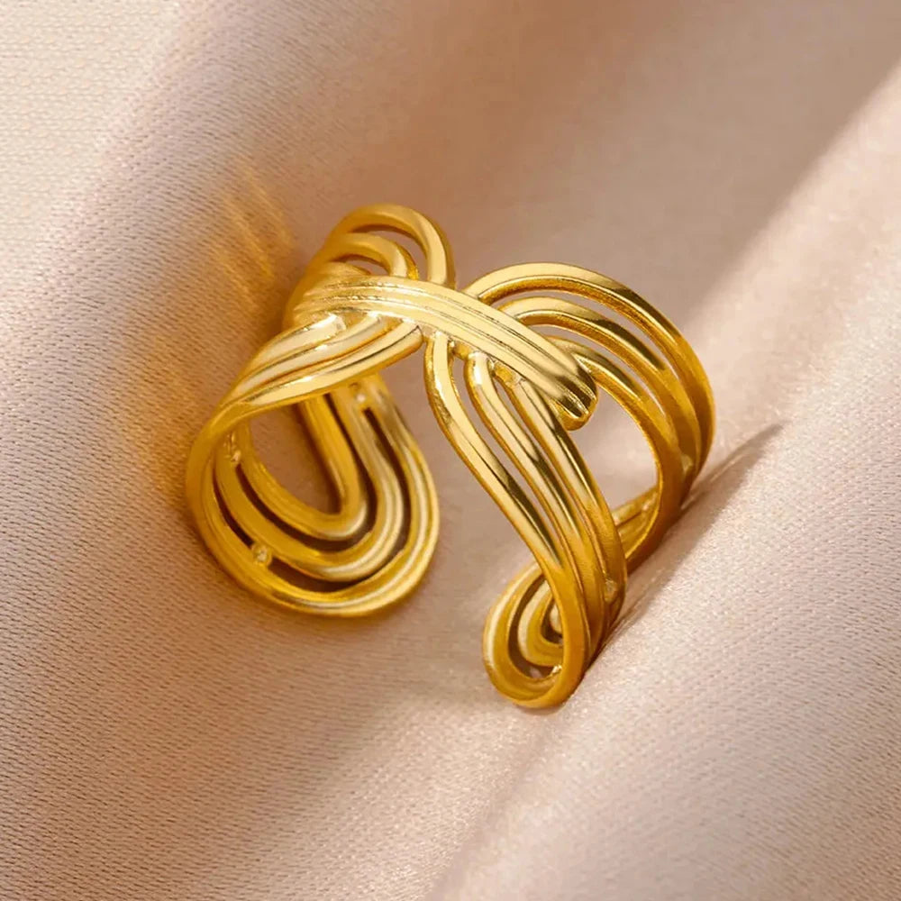 Edelstahl Ringe Für Frauen Männer Gold Farbe Hohl Weit Offenen Ring Weiblich Männlich Mode Hochzeit Party Finger Schmuck Geschenk 2024