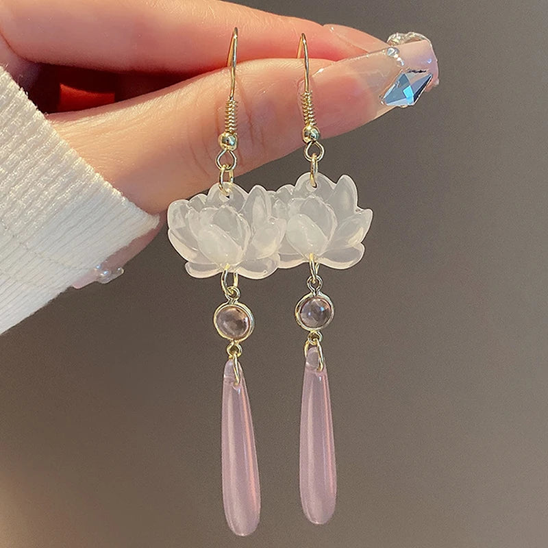 1 Paar Lotus Anhänger Quaste Ohrringe im chinesischen Stil für Frauen Mädchen klassische Retro elegante lange Tropfen Ohrringe Schmuck Geschenke
