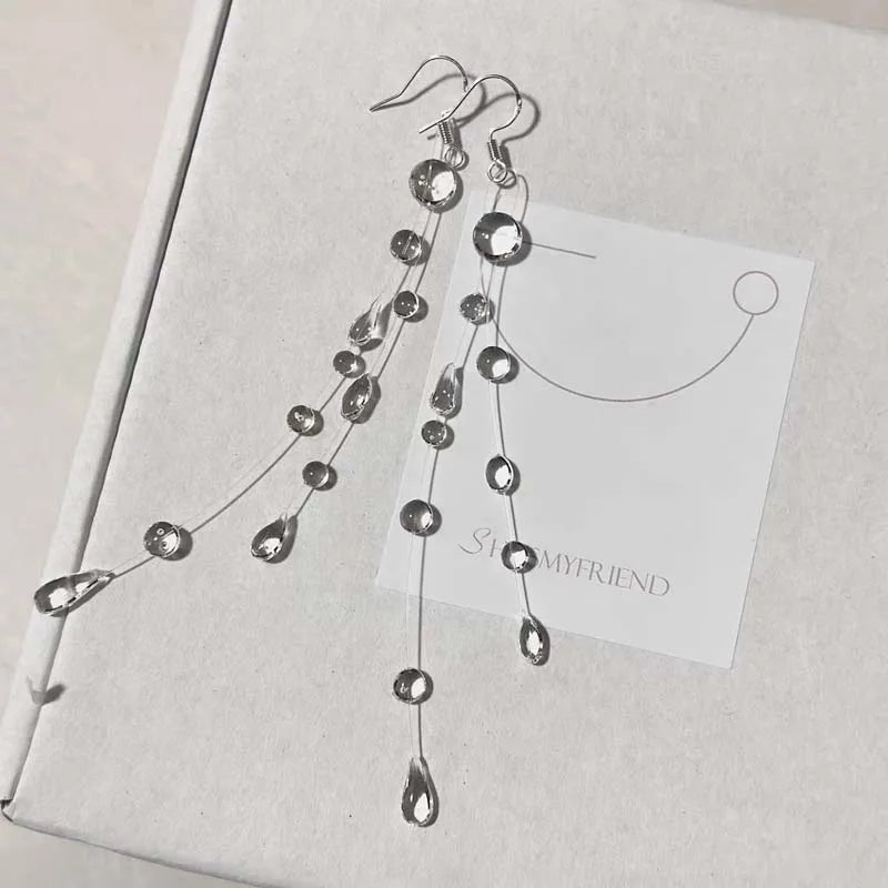 Mode Transparent Wasser Tropfen Halskette Ohrringe Set für Frauen Einfache Kristall Teardrop Dünne Seil Perle Schlüsselbein Kette Schmuck