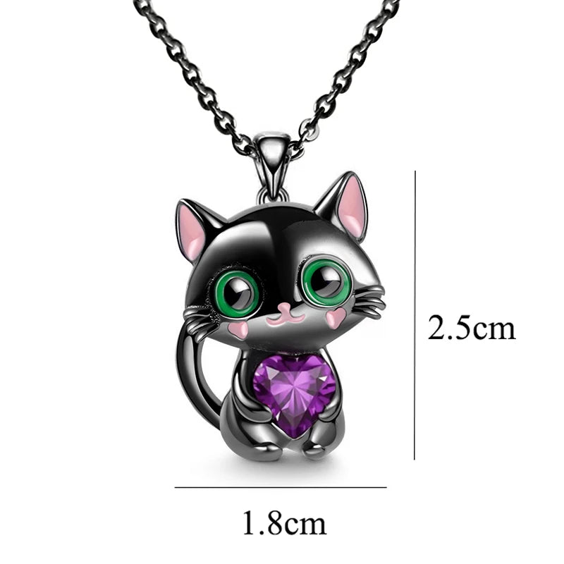 Cartoon Lila Herz Kristall Schwarze Katze Anhänger Halskette Für Frauen Männer Jungen Mädchen Schmuck Zubehör