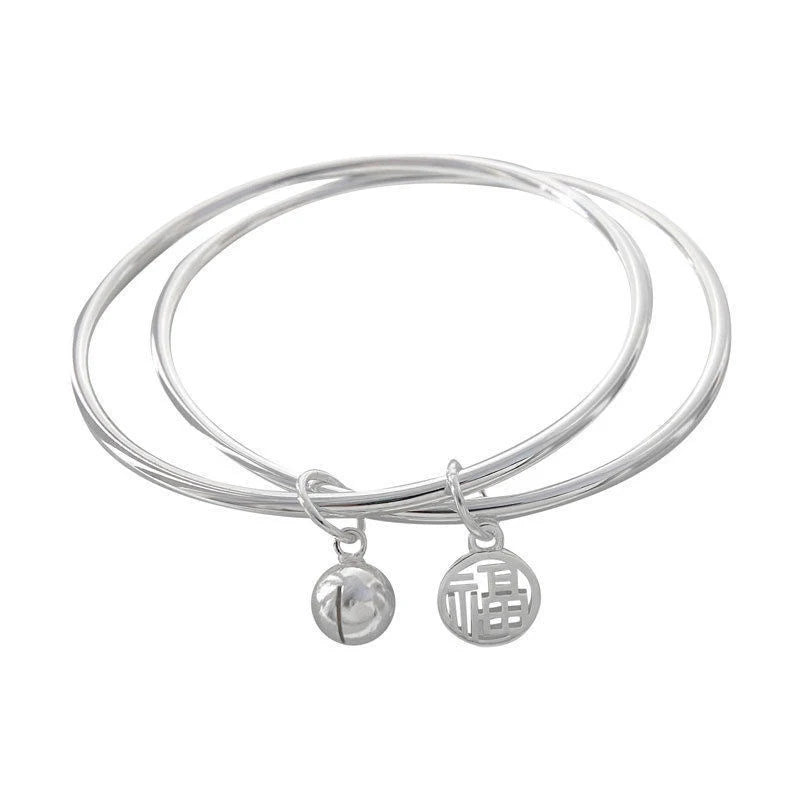 Mode viel Glück Doppels chicht Fu Glocke Armband Silber Farbe Trend elegante Anhänger Armreifen für Frauen