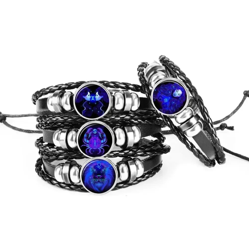 12-Sternbild-Sternzeichen, schwarzes geflochtenes Lederarmband, Krebs, Löwe, Jungfrau, Waage, gewebte Glaskuppel, Schmuck, Punk-Männerarmband