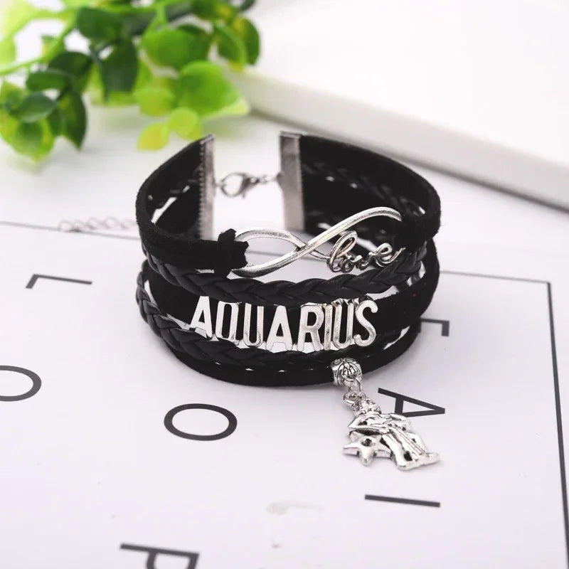 12-Sternbild-Sternzeichen, schwarzes geflochtenes Lederarmband, Krebs, Löwe, Jungfrau, Waage, gewebter Schmuck, Punk-Männer-Anhänger-Armband