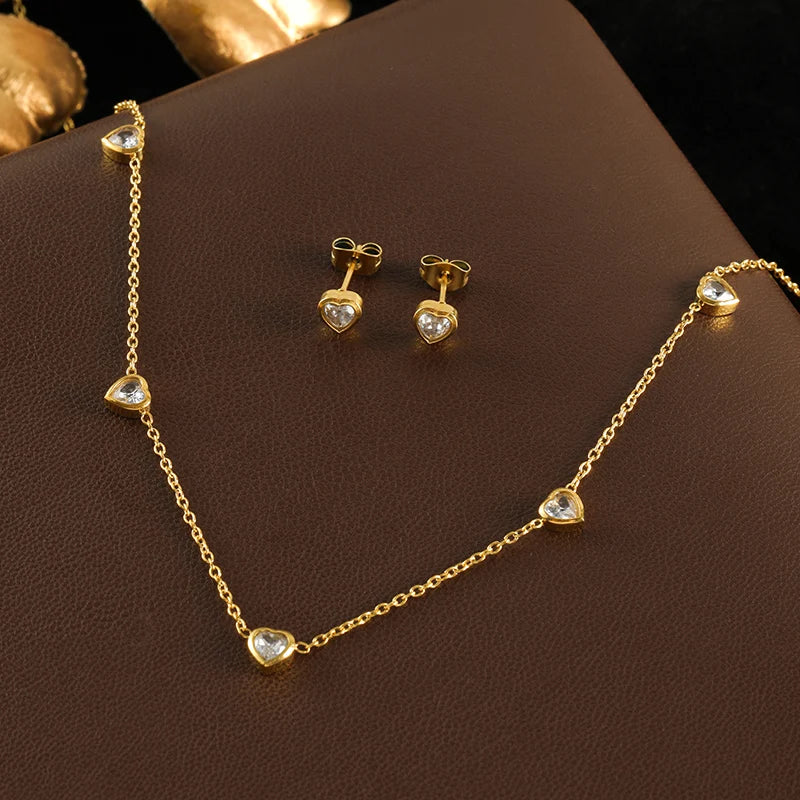 GANEMLY 316L Edelstahl Glänzende Herz Zirkon Halskette Armband Ohrringe Set Für Frauen Mode Luxus Wasserdicht Schmuck Set