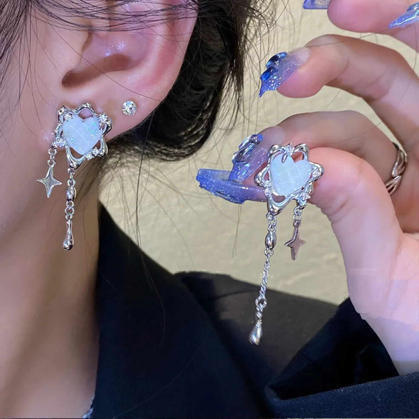Shiny Kreuz Stern Silber Farbe Kristall Quaste Manschette Ohr Clip Ohrring Für Frauen Strass Gefälschte Knorpel Piercing Ohrring Schmuck