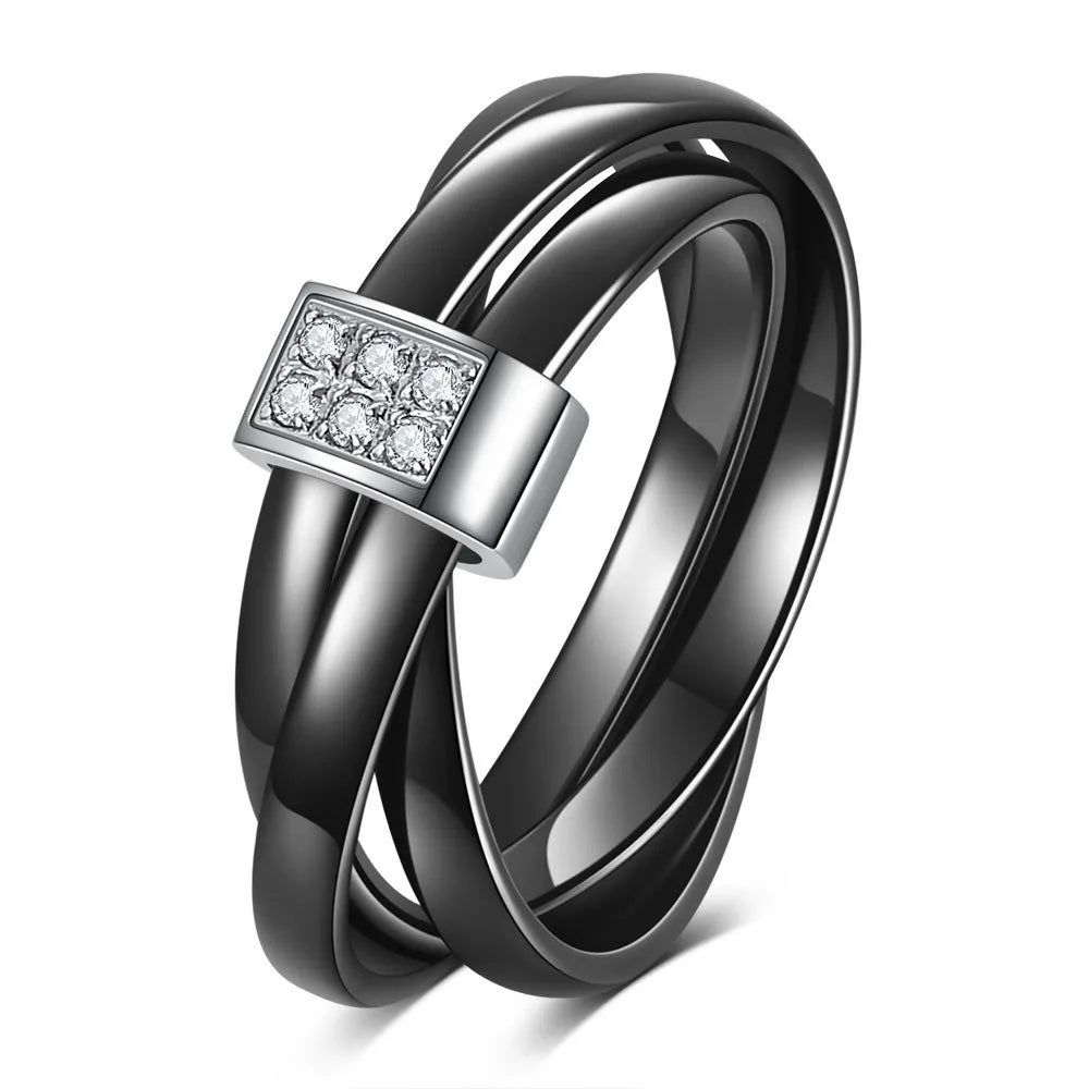 Kolmnsta Schwarz Weiß 3-lagiger Keramikring für Frauen Kreuz Edelstahl Zirkon Eheringe Verlobungsschmuck Anti-Fading