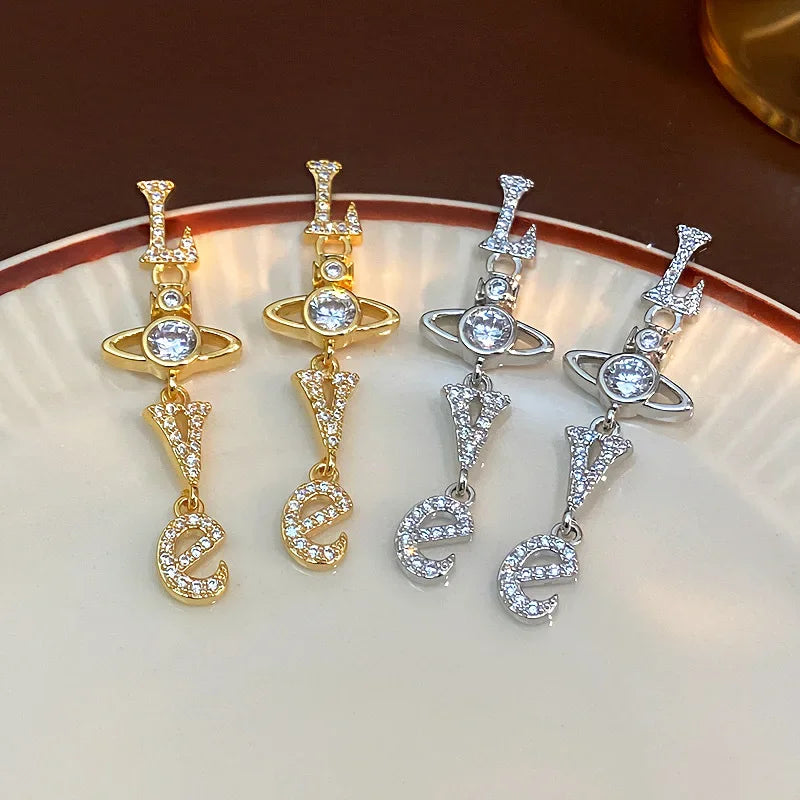 Modische lange Quasten-Ohrringe mit Liebesbrief, Zirkonia-Steinen, elegante Tropfen-Ohrringe für Damen, chinesischer Stil, Saturn-Persönlichkeit
