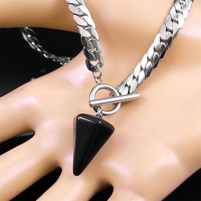Goth Obsidian Reiki Heilung Pendel für Wahrsagerei Halskette Frauen Edelstahl Kette Kegel Anhänger Halsketten Schmuck NXS03