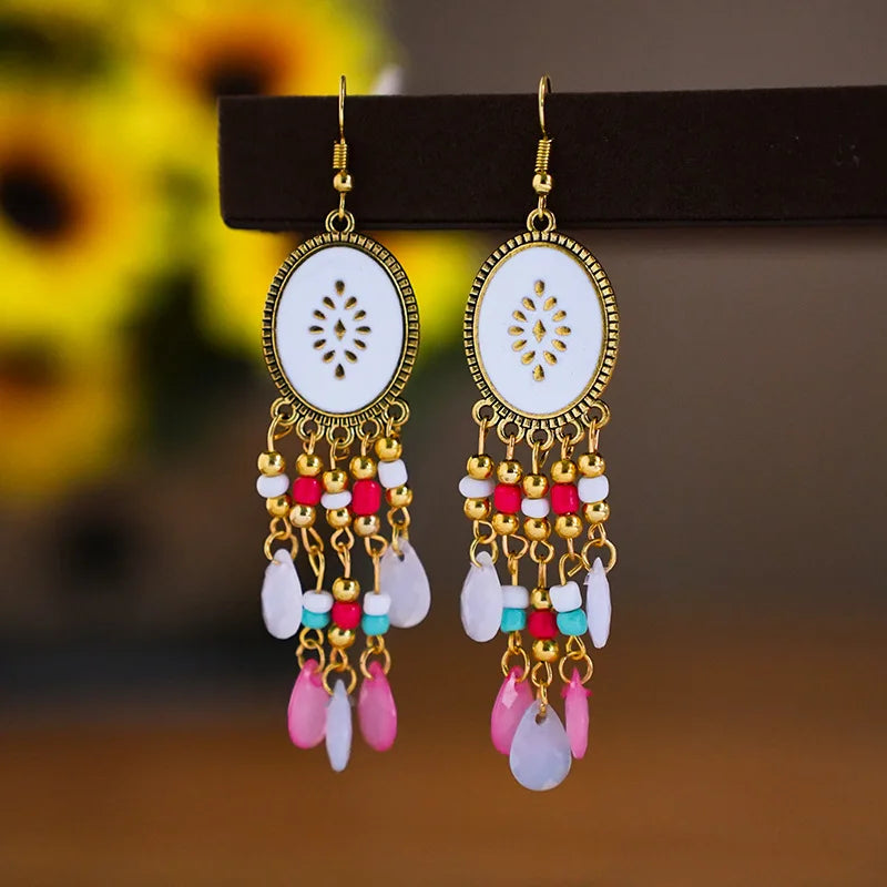 Bohemian Lange Bunte Quaste Perlen Wasser Tropfen Baumeln Ohrringe Für Frauen Vintage Gold Farbe Tropfen Glasur Ohrringe Pendientes Mujer