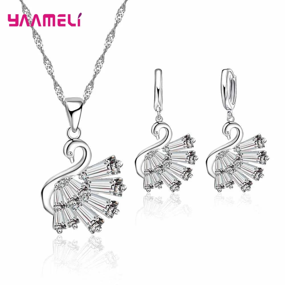 Luxus-Schmucksets aus echtem Sterlingsilber 925, glänzender klarer Kubikzircon, Blumen-Anhänger, Halskette, Ohrringe, Kette, Party-Zubehör