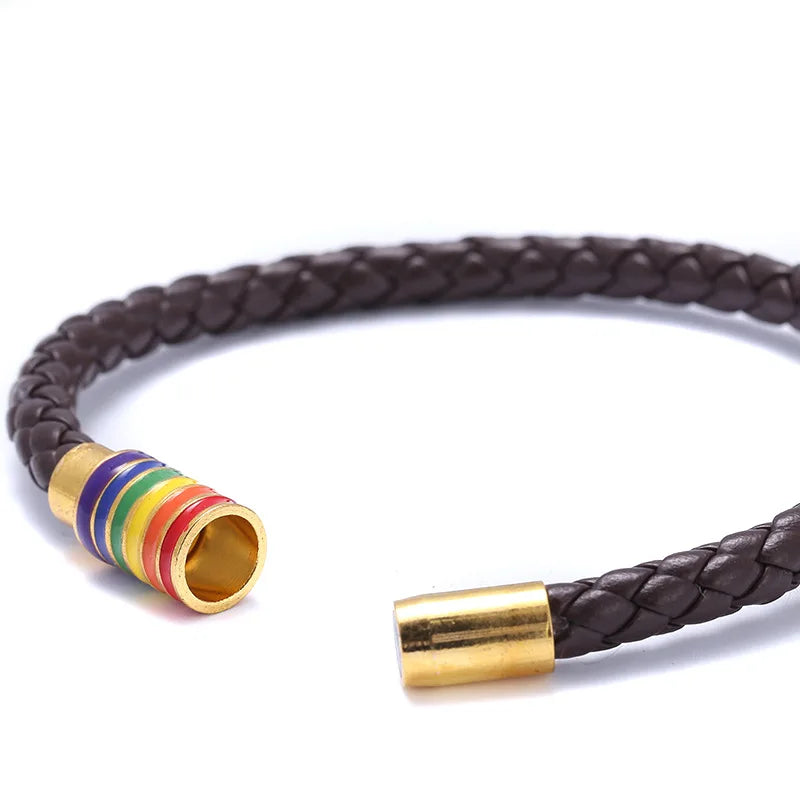 St.kunkka schwarz braun echtes geflochtenes Leder armband Frauen Männer Edelstahl Homosexuell Stolz Regenbogen Magnet Charms Armband Geschenk