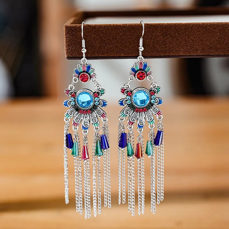 Vintage Ethnische Bunte Kristall Baumeln Ohrringe für Frauen Klassische Strand Kette Quaste Tropfen Ohrring Weibliche Pendiente Bijoux