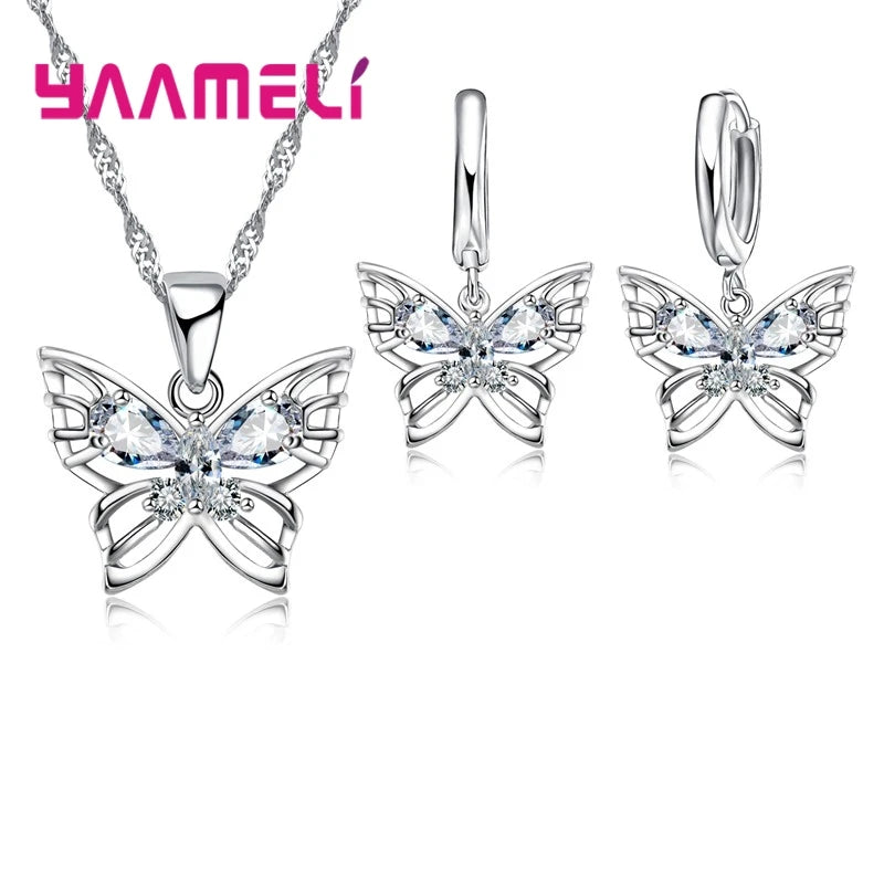 Neue Mode YAAMELI Schmuck Sets Glänzende Klare Österreichischen Kristall Intarsien Schmetterling Hochzeit Anhänger Halskette Ohrringe