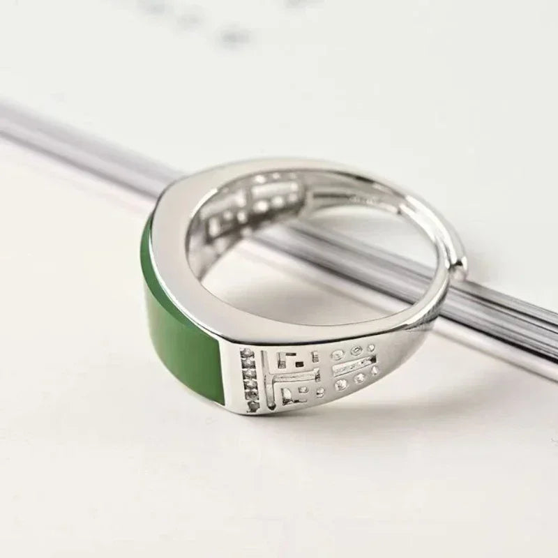 Nachahmung Hetian Jade männer Silber-überzogene Ring Echte Grüne Natürliche Paar Ringe Männer Frauen Schmuck Glück Stein Jade finger Ring