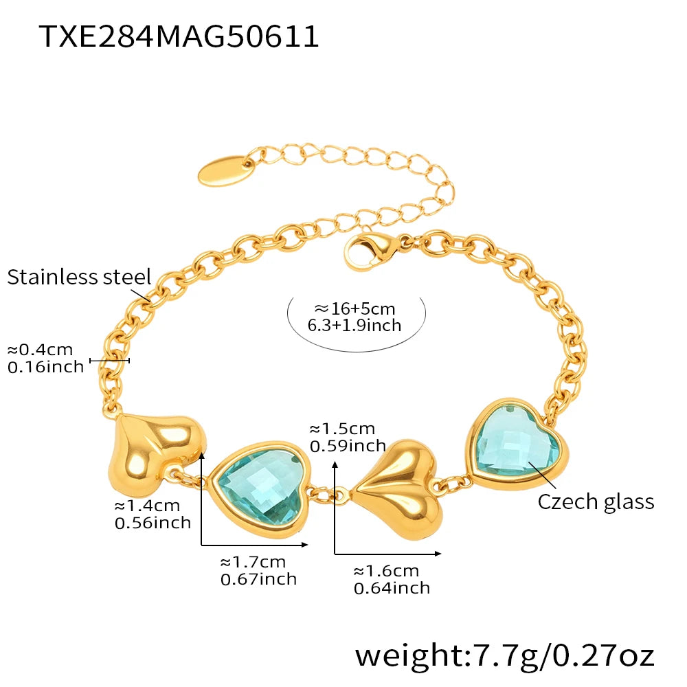 Edelstahl-Halskette, Armbänder, Ohrringe für Frauen, 6 Farben, Herz, facettierte tschechische Glas-Halsketten, Armband, baumelnde Ohrringe-Set