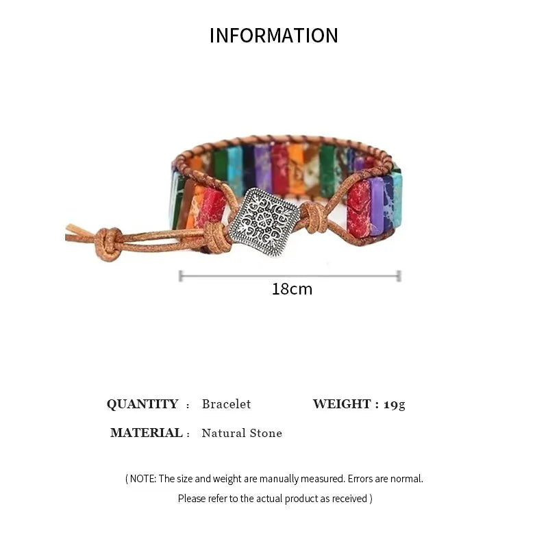 Böhmisches mehrfarbiges Kaiserstein-Armband, 7-Chakra-Heilung, rechteckige Steine, Armband, Lederseil, gewebter Armreif, Handgelenkschmuck