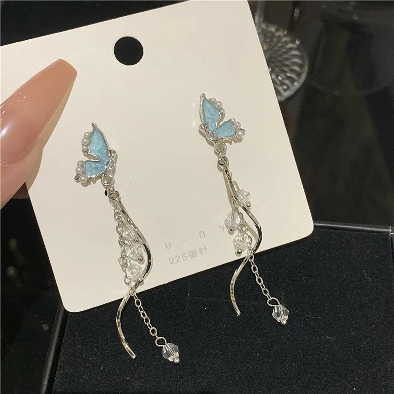 Temperament Blau Glasierte Schmetterling Baumeln Ohrringe Für Frauen Strass Perle Quaste Anhänger Ohr Ringe Party Dame Schmuck Geschenke