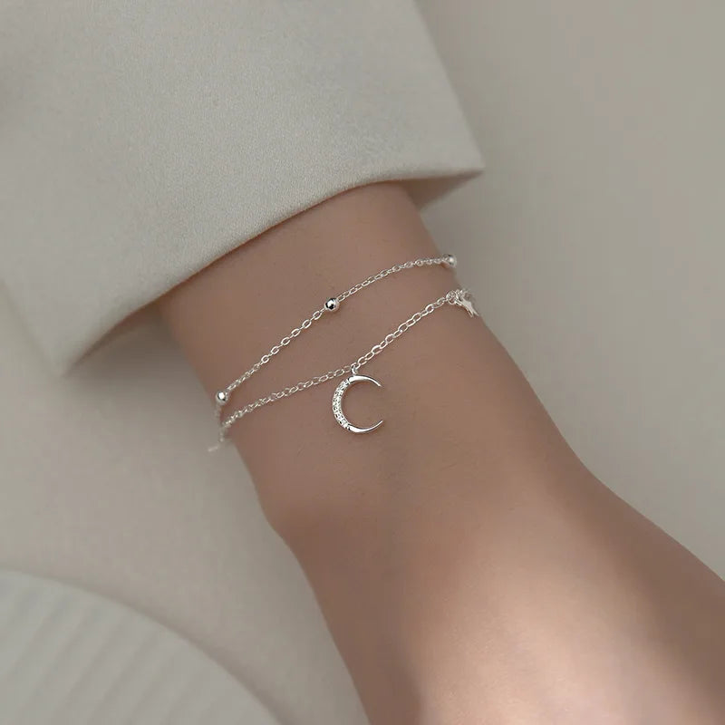 Beliebtes Stern- und Mond-Armband aus 925er-Sterlingsilber, geometrisches Doppelschicht-Armband, Party-Geschenk, modischer Damenschmuck