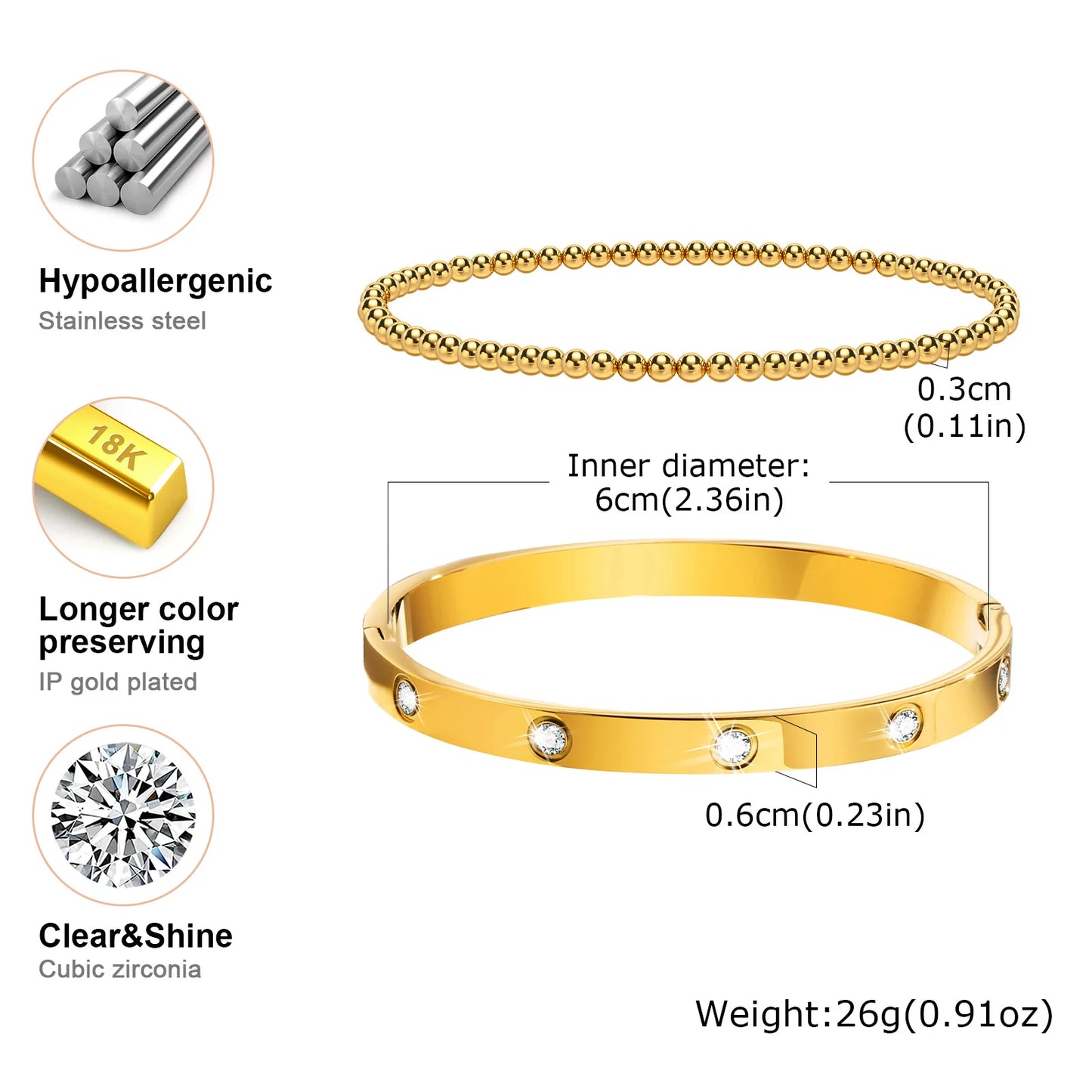 Vnox 2–8 mm Damen-Armbänder-Set, einfache gestapelte vergoldete Edelstahl-Perlen-Armbänder, glamouröse Liebesgeschenk-Manschettenarmbänder für Sie