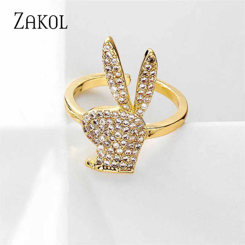 ZAKOL Niedliche Kaninchen-offene Ringe für Damen, modisch, Weißgold, Party-Schmuck, 2023, Neu