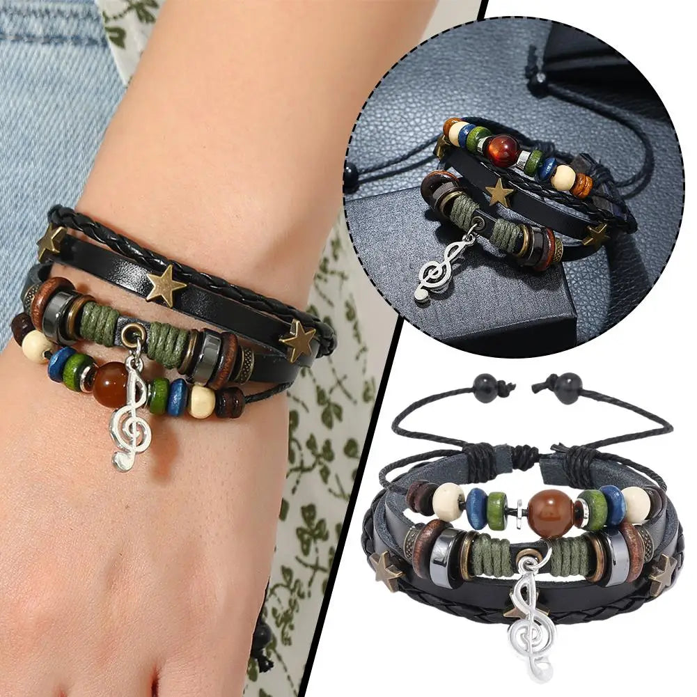 High-end-Männer Und Frauen Perlen Leder Armband Vintage Armband Armband Armband Stern Note Armband Musical Einstellbar Multi F9J3