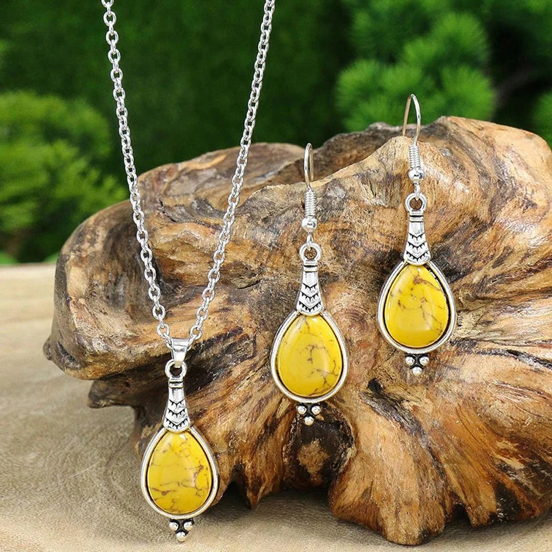 Mode Böhmischen Vintage Einfache Blaue Natürliche Stein Schmuck Set Frauen Silber Farbe Kette Lange Anhänger Halskette Waterdrop Ohrringe