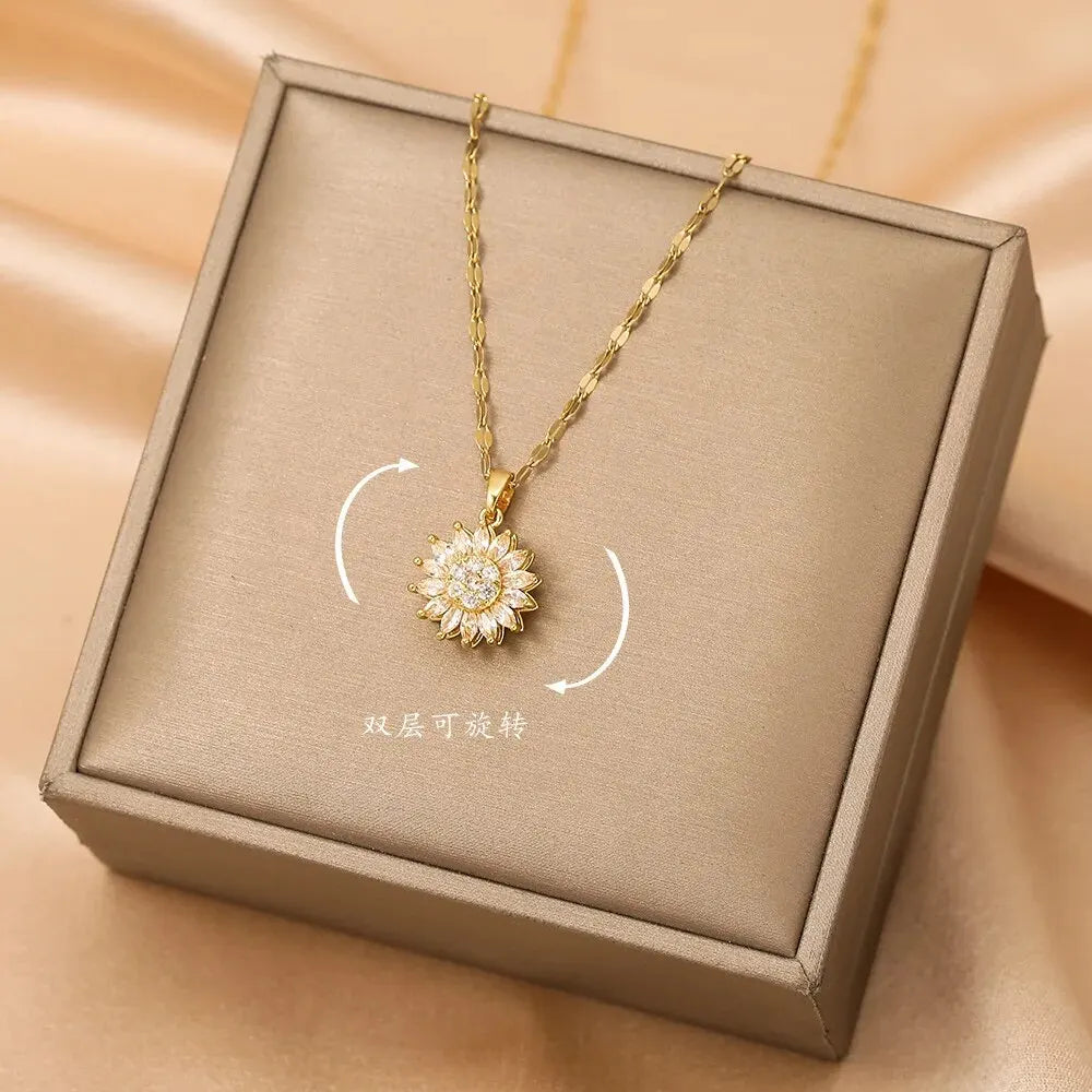 Trend ige Rotation Spin Sonnenblume Edelstahl Zirkon Halsketten für Frauen Metall Kristall Halskette Party Geburtstags geschenke Schmuck