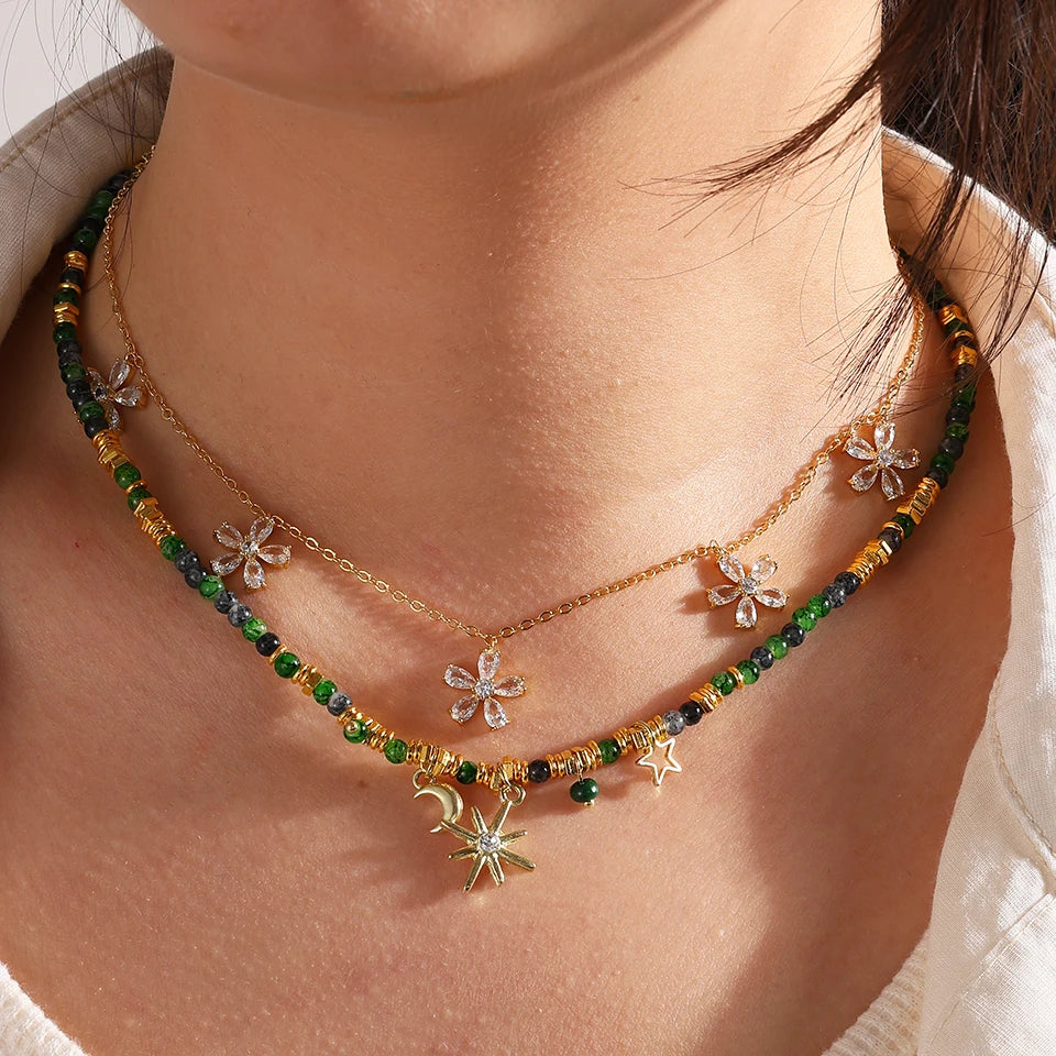 ZAKOL Vintage Böhmischen Stil Stein Perlen Halskette für Frauen Charme Mang Stern Anhänger Gestapelt Schlüsselbein Kette Mode Schmuck Geschenke