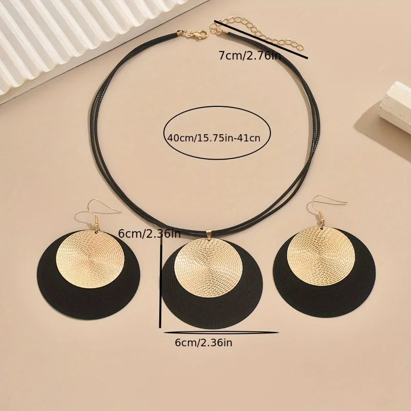 3 teil/satz Große Runde Ohrringe Kragen Halskette Set für Frauen Übertrieben PU Seil Ketten Metall Geometrische Anhänger Halskette Schmuck