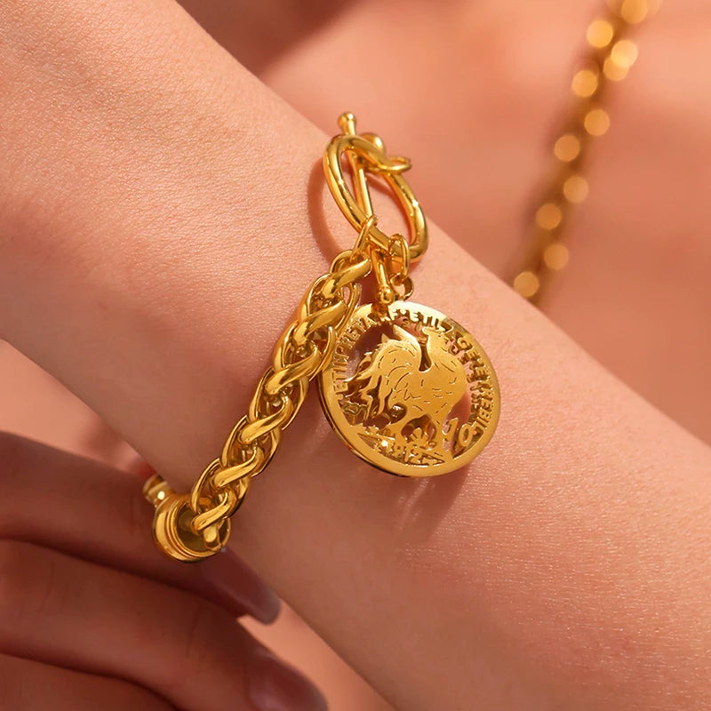 Liora Trendy Edelstahl Animel Cock Runde Anhänger Armbänder Für Frauen Korb Kette OT Verschluss Armbänder Kein Anlaufen Schmuck