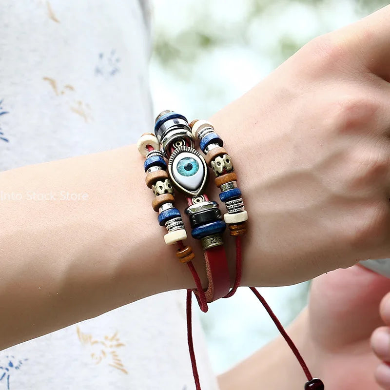 Boho Zigeuner Hippie Design Leder Seil Auge Armband mehr schicht iges Leder gewebt Perlen Armband Unisex verstellbaren Schmuck