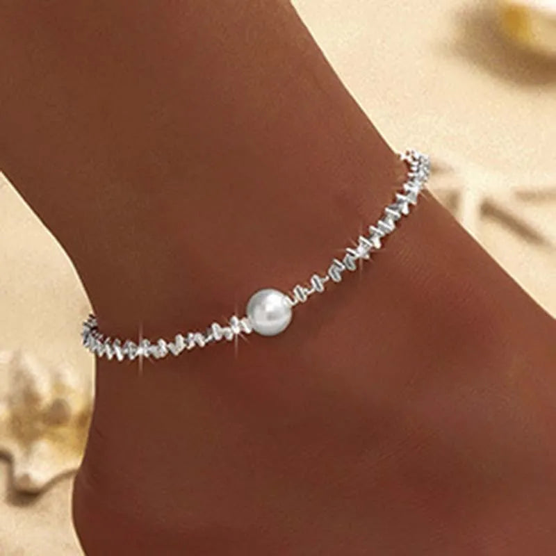 Funkelnde dünne Kette Fußkettchen für Frauen Zirkon Herz Kreuz Anhänger Doppelschicht Armband am Bein Fuß trendiger Sommer Strand Schmuck