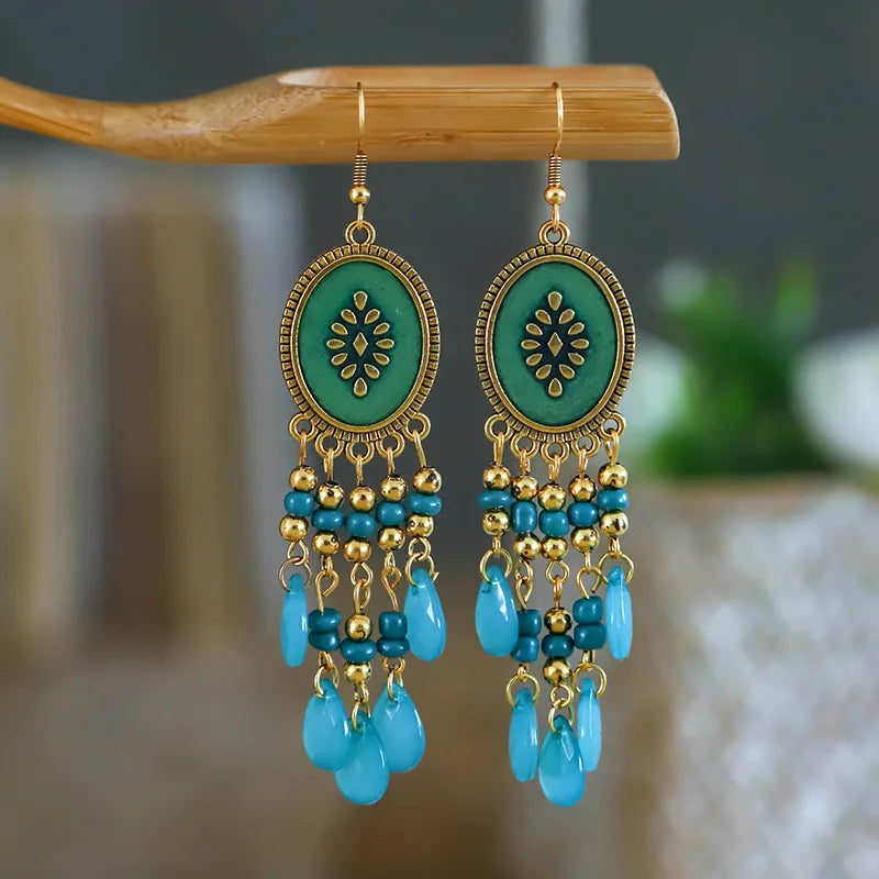 Bohemian Lange Bunte Quaste Perlen Wasser Tropfen Baumeln Ohrringe Für Frauen Vintage Gold Farbe Tropfen Glasur Ohrringe Pendientes Mujer