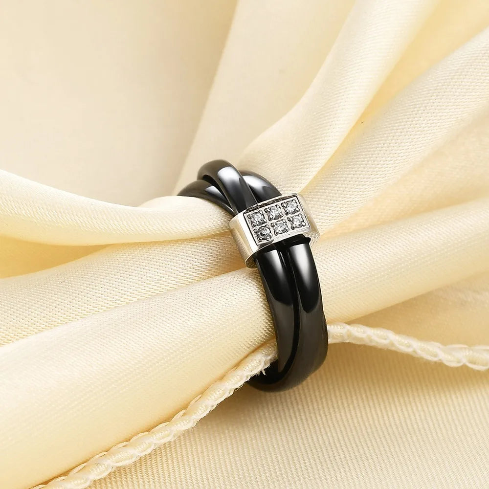Kolmnsta Schwarz Weiß 3-lagiger Keramikring für Frauen Kreuz Edelstahl Zirkon Eheringe Verlobungsschmuck Anti-Fading