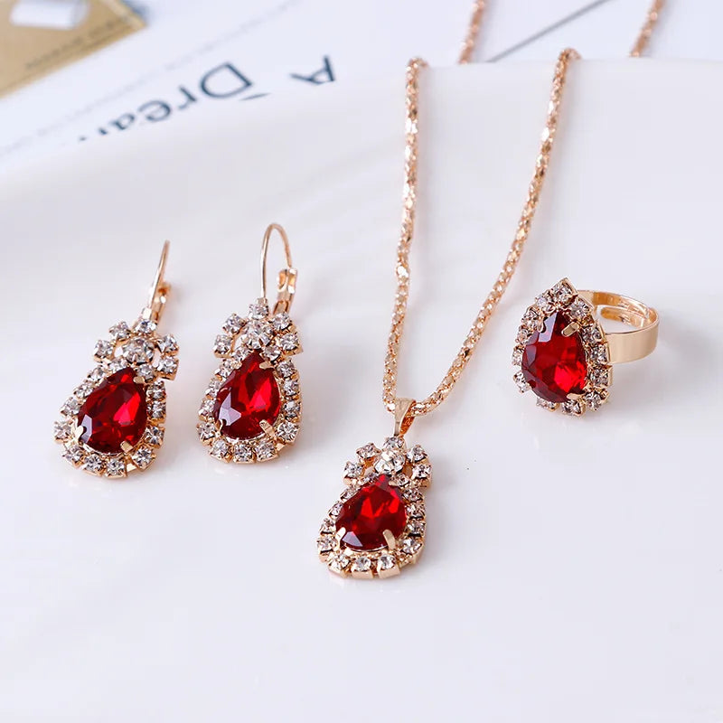 Blauer Kristall Ring Halskette Ohrringe Set Hochzeit Schmuck Sets für Bräute Anhänger Ohrringe für Mädchen Frauen Afrikanische Schmuck Sets