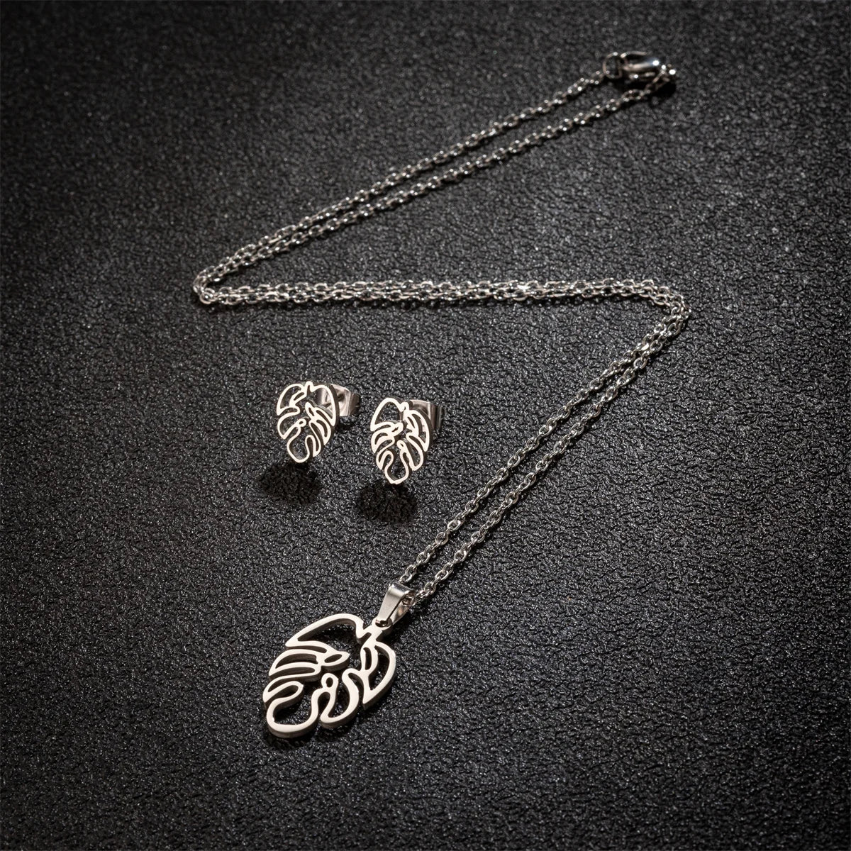 Set Schmuck Edelstahl Frau Boho Vintage Monstera Blätter Blume Pflanze Diy Anhänger Charms Ohrringe Und Halskette Set