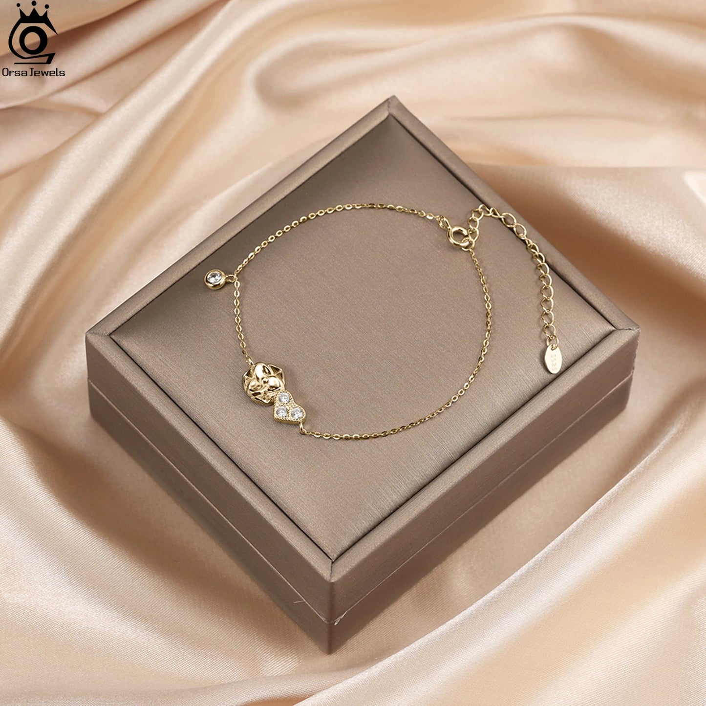 ORSA JEWELS Herz-Zirkonia-Kettenarmband aus 925er-Sterlingsilber, O-Kette, Blumendesign, Naturstil, trendige Damen-Accessoires APB09