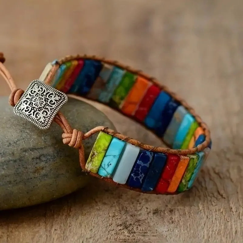 Böhmisches mehrfarbiges Kaiserstein-Armband, 7-Chakra-Heilung, rechteckige Steine, Armband, Lederseil, gewebter Armreif, Handgelenkschmuck