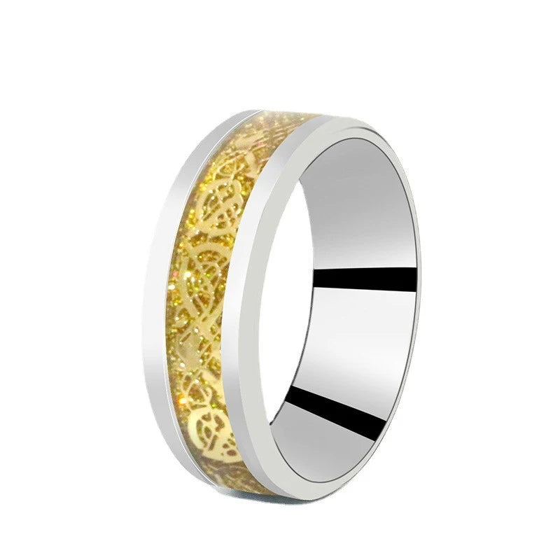 8mm Edelstahl Dominierenden Drachen Muster Ringe für Männer Frauen Punk Intarsien Blau Carbon Faser Ring bagues pour femme