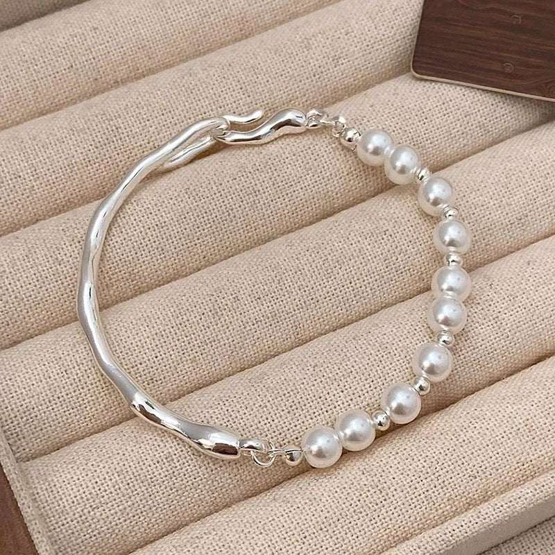 Runde Armreifen aus 925er-Sterlingsilber mit Perlenperlen für Damen, trendiger, minimalistischer, geometrischer, feiner Schmuck, unregelmäßige Accessoires