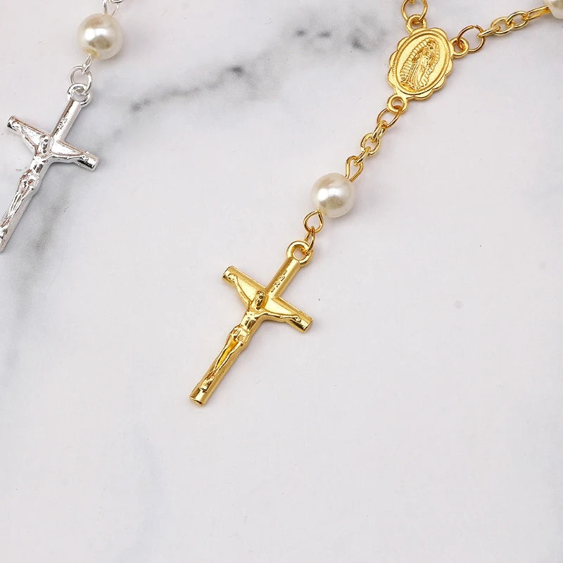 Tauf-Mini-Rosenkranz, elfenbeinfarbene Kunstperlen für Kreuz-Armband, für Taufe/Babyparty, Hochzeit/Urlaub