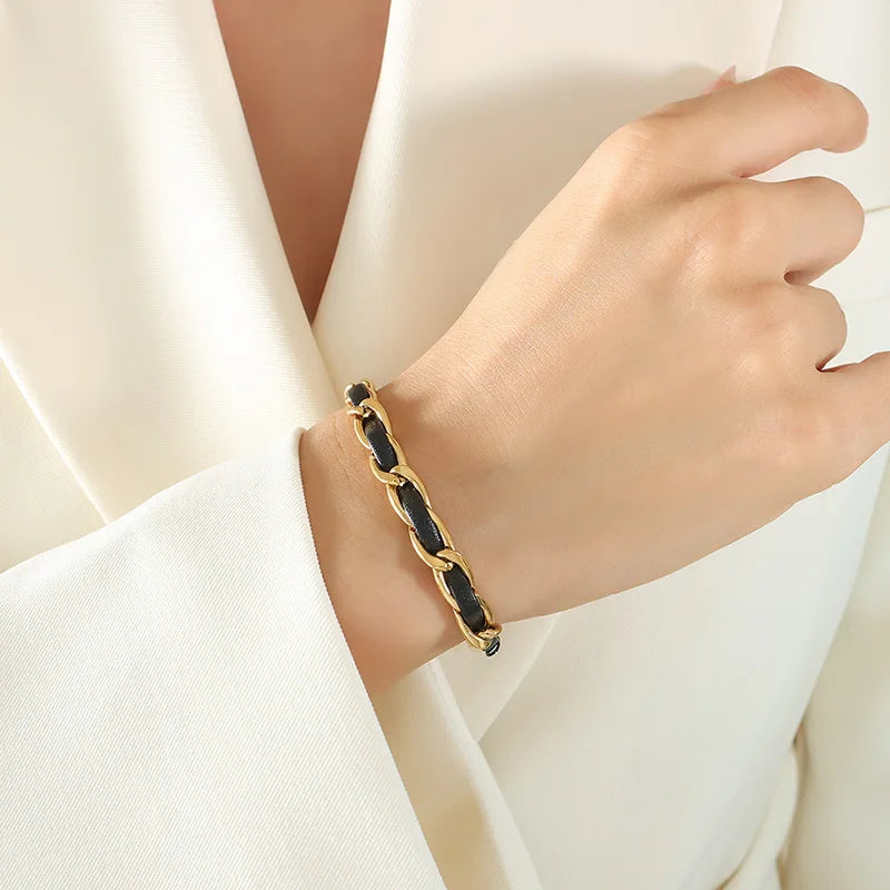 Car lidana Chic 18 Karat vergoldete Büroklammer kubanische Kette Armband Titan Edelstahl Leder Glieder ketten Armbänder Schmuck